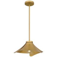 a brass colored pendant light fixture with an open shade on the bottom and one light hanging from