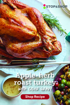 an advertisement for apple - herb roast turkey with cider and cranberry sauce