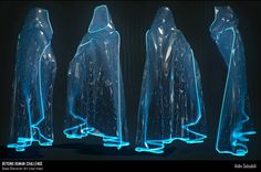 three plastic figures with glowing blue lights in the shape of raincoats and cloaks