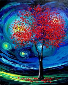 a painting of a tree with red leaves on it and blue sky in the background