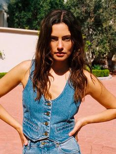 The Dallas is a slim fitting, V Neck vest with a button front and adjustable back waist.Made with 100% Recycled Cotton. Phoebe Tonkin, Jean Vest Outfits, Woman Vest, Celebrity Magazines, Book Clothes, Denim Maxi Dress, Jean Vest, Hair Fragrance, Fresh Face