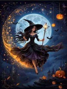 a woman dressed as a witch flying through the air with a broom in her hand