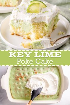 key lime poke cake on a white plate with a fork in it and the words key lime poke cake below