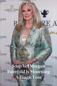 a woman in a green suit standing on a red carpet with the words soap vet morgan,