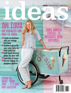 a magazine cover with a woman standing next to an ice cream cart on the cover