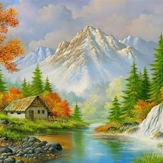 a painting of a mountain scene with a river and cabin