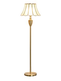 a floor lamp with a white shade on top and a gold base, in the shape of a flower