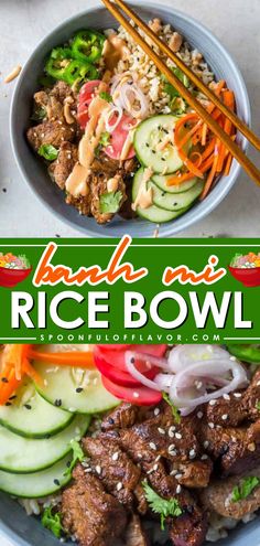 This Banh Mi Rice Bowl is a delicious side dish recipe for dinner made with pork tenderloin, pickled veggies, brown rice, and sriracha mayo. Pin this weeknight dinner recipe for the family! Hahn Mi Bowl, Ban Mi Bowl, Kabob Bowl, Dinner For Teens, Main Meal Salads, Nutritious Bowls, Bahn Mi Bowl, Pork Rice Bowl Recipe, Yum Bowls