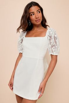 Charming Potential White Organza Backless Puff Sleeve Mini Dress Cute Graduation Dresses, High School Graduation Dress, White Backless Dress, White Dresses Graduation, Puff Sleeve Mini Dress, Graduation Dresses, Lulu Fashion, White Short Dress, Lace Bodycon