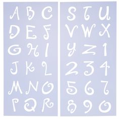 the letters and numbers are drawn in white on a light blue background, each with different shapes