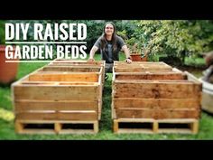 a woman standing next to some wooden boxes in the grass with words diy raised garden beds