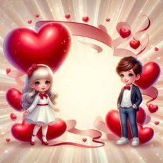 two children standing next to each other with hearts around them