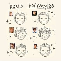 a drawing of boys'hairstyles with pictures of their faces and hair styles