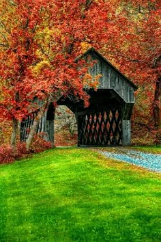 an old covered bridge surrounded by trees with red leaves on the branches and green grass