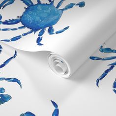 blue crabs on white wallpaper with watercolng effect in an ocean style pattern