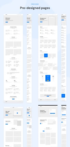 three screens showing the different layouts for each page, including one in blue and one in