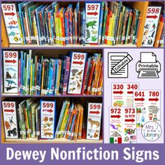 a book shelf filled with lots of children's books next to numbers and pictures