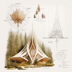 an architectural rendering of a building in the woods with trees and other details surrounding it