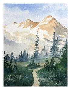 a watercolor painting of a mountain scene with trees and a path leading to the top