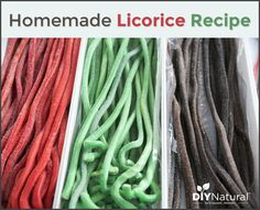 three different colored cords in plastic containers with the words homemade licorre recipe written on them