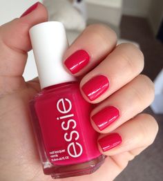 Essie polish in Watermelon #essie #brightnailpolish im wearing this now, love it!!!!!!!!!!! Essie Geranium, Essie Free To Roam, Essie Splash Of Grenadine, Essie Red Nail Polish Comparison, Essie Watermelon, Essie Watermelon Nail Polish, Drugstore Nail Polish, Best Nail Polish Brands