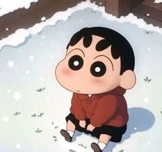 an animated image of a boy sitting on the ground in front of snow covered ground