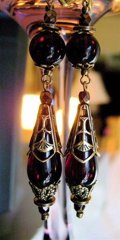 Beads, Sangria, New Vintage, Solid Brass, Garnet, Patina, Glass Beads, Brass, Drop Earrings