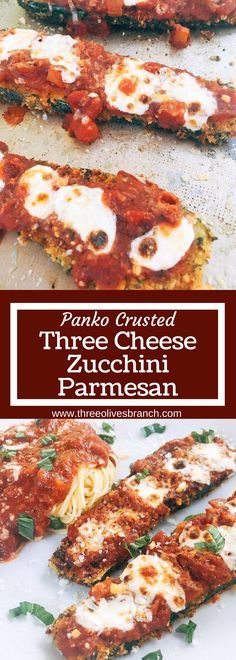 three cheese zucchini parmesan pizzas on a baking sheet with text overlay