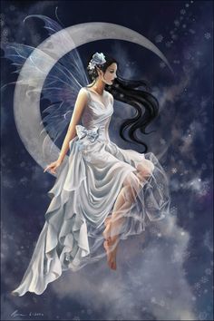 a cross stitch pattern of a fairy sitting on the moon with her hair blowing in the wind