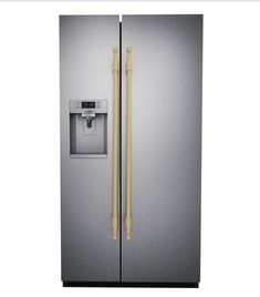 a stainless steel refrigerator freezer with water dispenser on the door and two bamboo handles