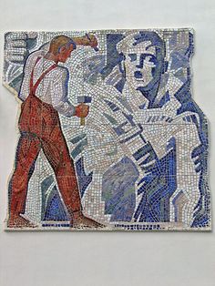 an image of a mosaic on the side of a building with two men in it