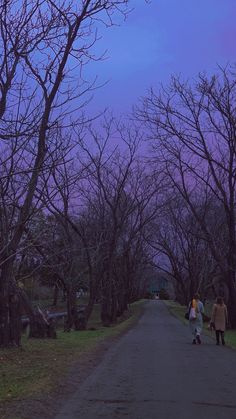 two people are walking down the road in front of some bare trees with no leaves