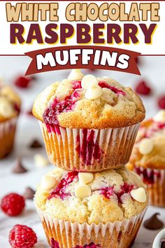 white chocolate raspberry muffins stacked on top of each other