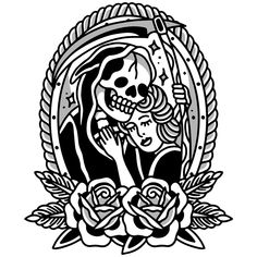 a black and white drawing of a skeleton in a frame with roses on it's side