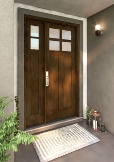 a brown door with two sidelights and a white rug on the ground in front of it