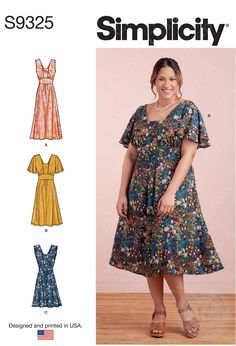 a women's dress and top sewing pattern from the front, with an image of a