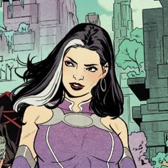 an image of a woman with long hair and purple clothes in front of a cityscape