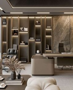 a modern office with marble walls and shelves