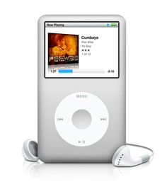 an ipod with headphones on it sitting in front of a white background and music player