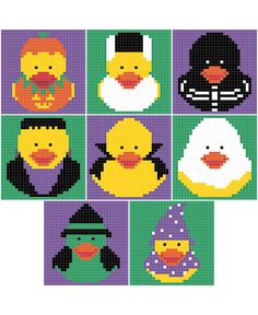 cross stitch pattern with different types of chickens and chicks in squares on green, purple, and