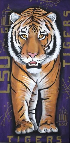 a painting of a tiger on a purple background with gold and white lettering that says tigers