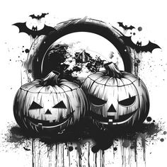 two jack o lantern pumpkins are in front of a black and white background with splat