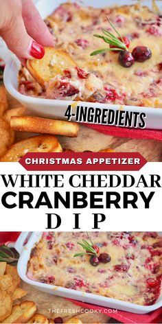 Long pin image for cranberry cream cheese dip with hand scooping a bite of dip and bottom image of dip in a pretty baking dish. Dip Thanksgiving, Cranberry Cream Cheese Dip, Cranberry Dip, Cream Cheese Dip, Cranberry Cream Cheese, Thanksgiving 2024, Cream Cheese Dips, Cranberry Sauce Homemade, Cranberry Recipes