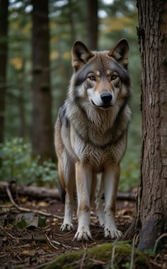 a wolf standing in the woods next to a tree and looking at the camera with an indifferent look on its face