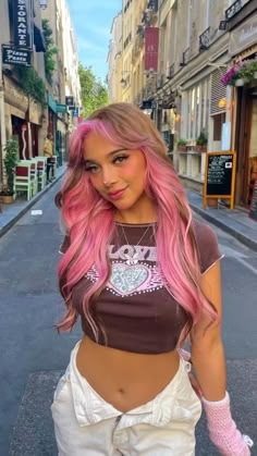 Brown And Pink Hair, Pink Hair Streaks, Light Pink Hair, Split Dyed Hair, Pink Blonde Hair, Pink Hair Dye, Peekaboo Hair, Vivid Hair Color, Cute Hair Colors