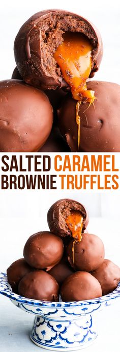 salted caramel brownie truffles on a blue and white plate