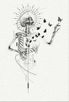 a drawing of a skeleton holding a butterfly in its right hand and flying birds around it