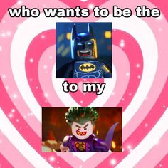 the lego batman movie poster with two different faces, one in pink and one in green