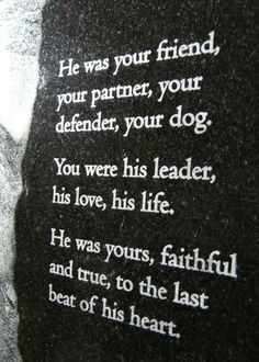 a black and white photo with the words he was your friend, your partner, your dog you were his leader, his love, his life