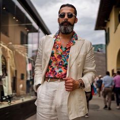 Hawaiian Suit Men, Men's Summer Wedding Outfit, Men’s Beach Wedding Attire Guest, Suit With Hawaiian Shirt, Boho Wedding Guest Outfit Men, Tropical Cocktail Attire Men, Men’s Summer Cocktail Attire, Funky Formal Outfit Men, Colorful Mens Suits